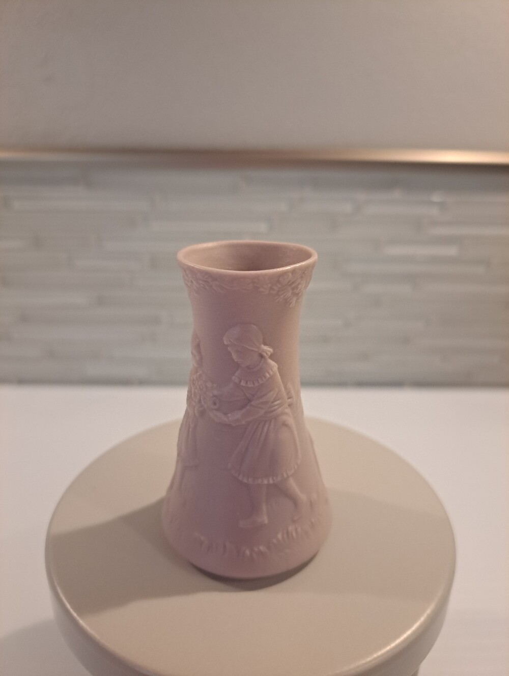 Vtg Lavender Lladro Bisque Embossed Miniature Bud Vase with Playing Kids